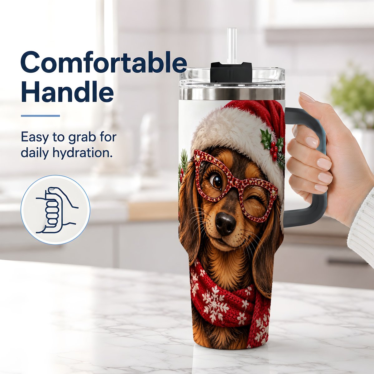 #pl[40oz|Black] Christmas Dachshund Tumbler 40oz, Winking Dog Portrait