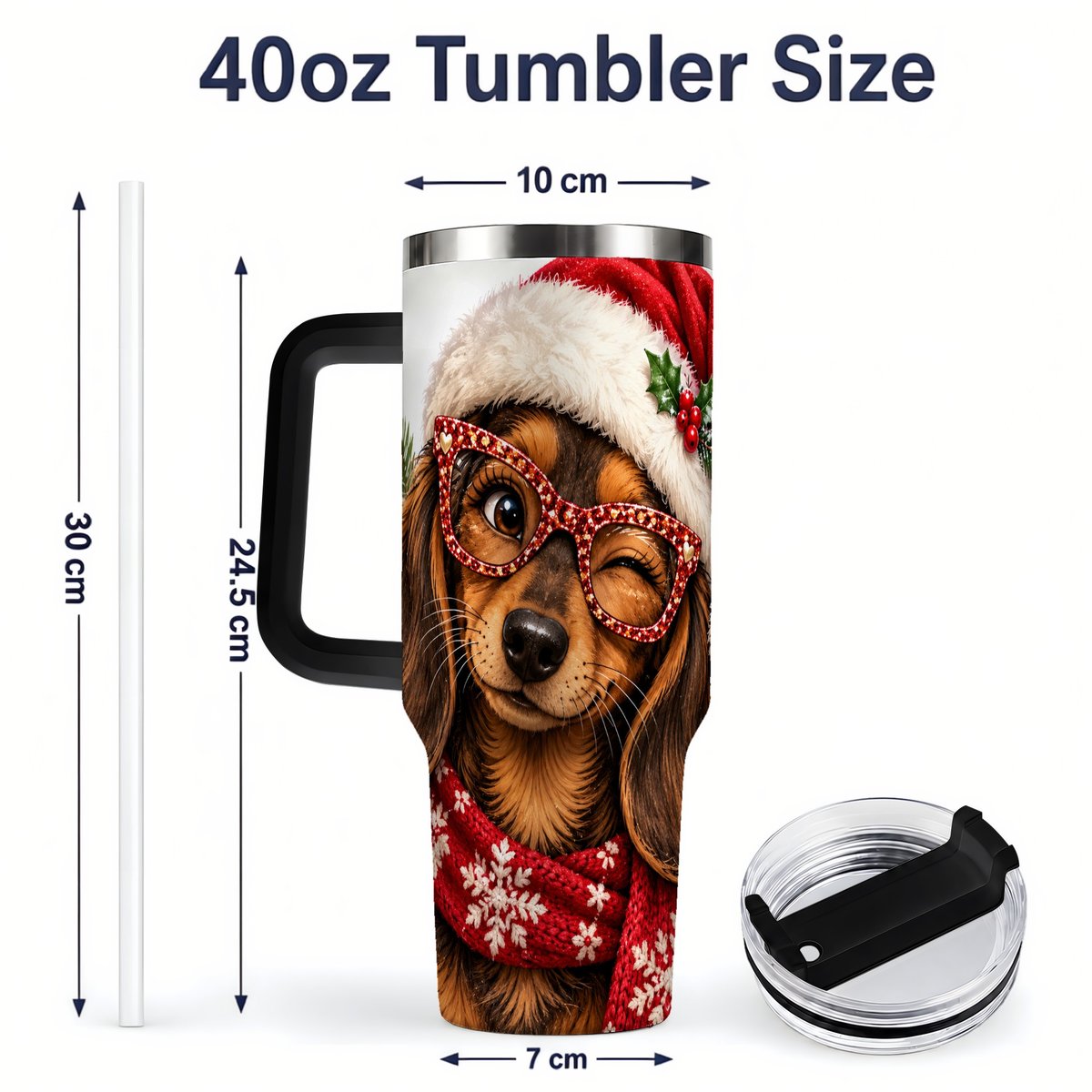 #pl[40oz|Black] Christmas Dachshund Tumbler 40oz, Winking Dog Portrait