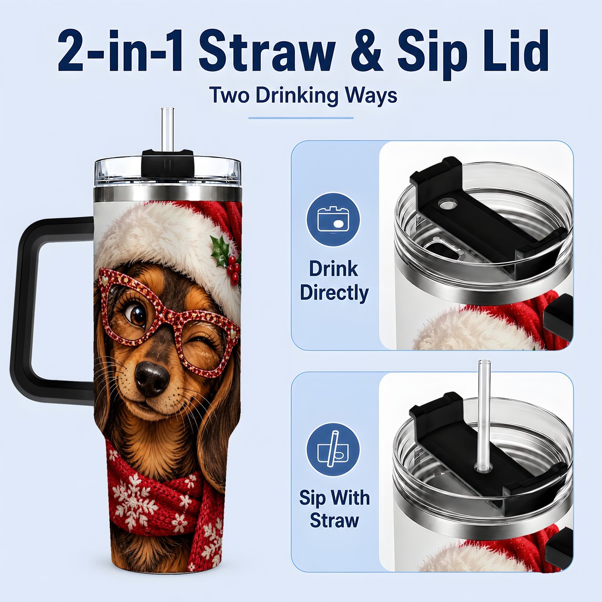 #pl[40oz|Black] Christmas Dachshund Tumbler 40oz, Winking Dog Portrait