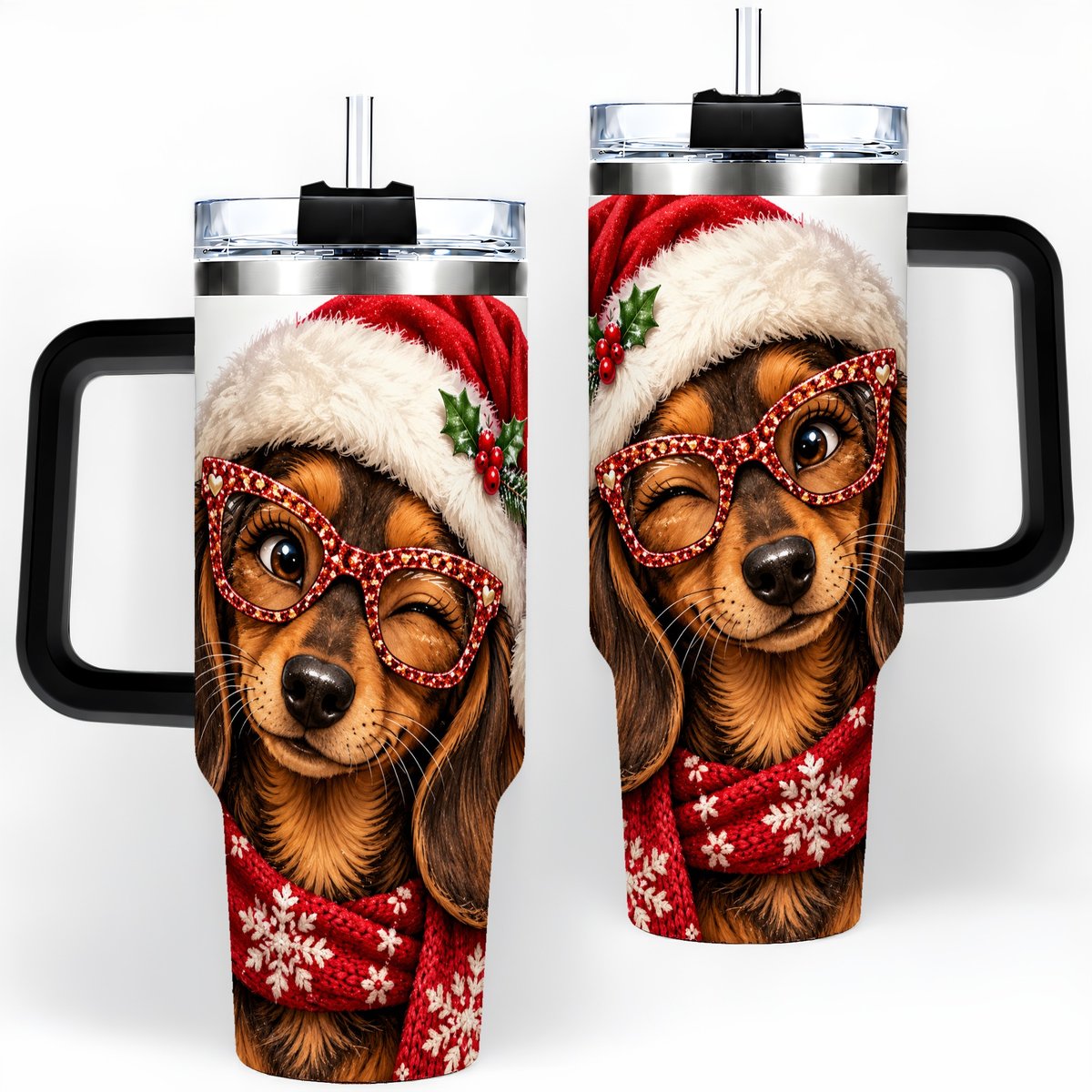 #pl[40oz|Black] Christmas Dachshund Tumbler 40oz, Winking Dog Portrait