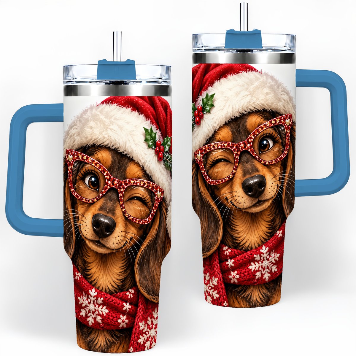 #pl[40oz|Blue] Christmas Dachshund Tumbler 40oz, Winking Dog Portrait