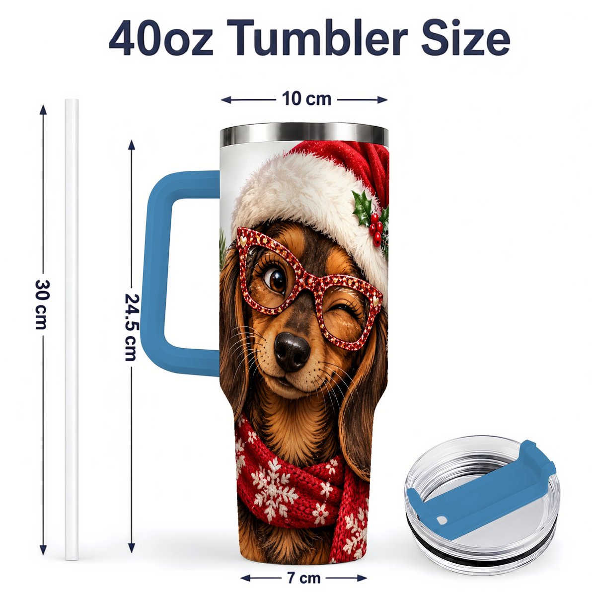 #pl[40oz|Blue] Christmas Dachshund Tumbler 40oz, Winking Dog Portrait
