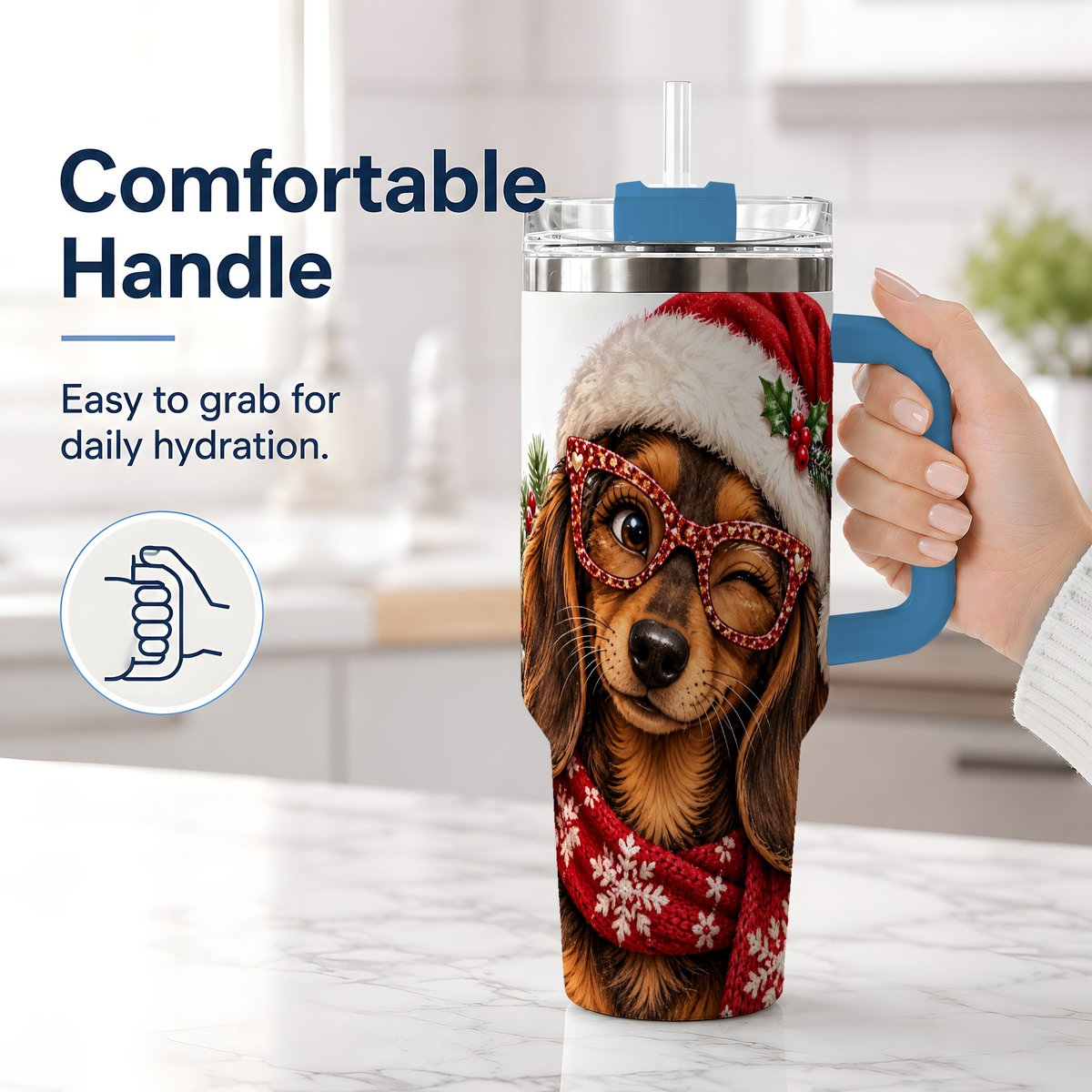 #pl[40oz|Blue] Christmas Dachshund Tumbler 40oz, Winking Dog Portrait