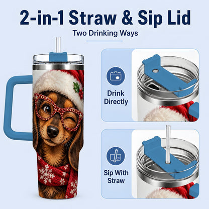 #pl[40oz|Blue] Christmas Dachshund Tumbler 40oz, Winking Dog Portrait