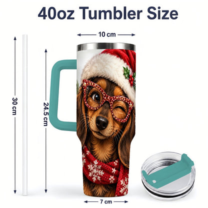 #pl[40oz|Green] Christmas Dachshund Tumbler 40oz, Winking Dog Portrait