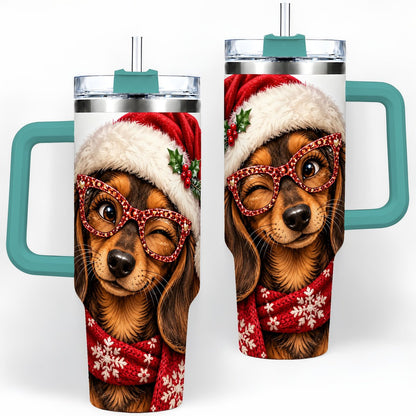 #pl[40oz|Green] Christmas Dachshund Tumbler 40oz, Winking Dog Portrait