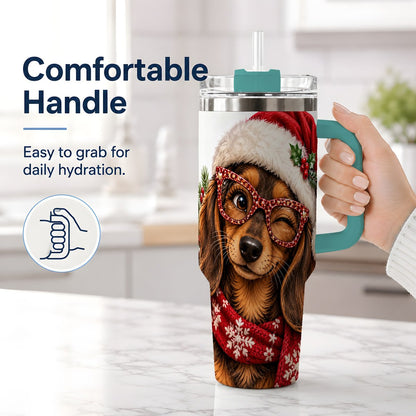 #pl[40oz|Green] Christmas Dachshund Tumbler 40oz, Winking Dog Portrait