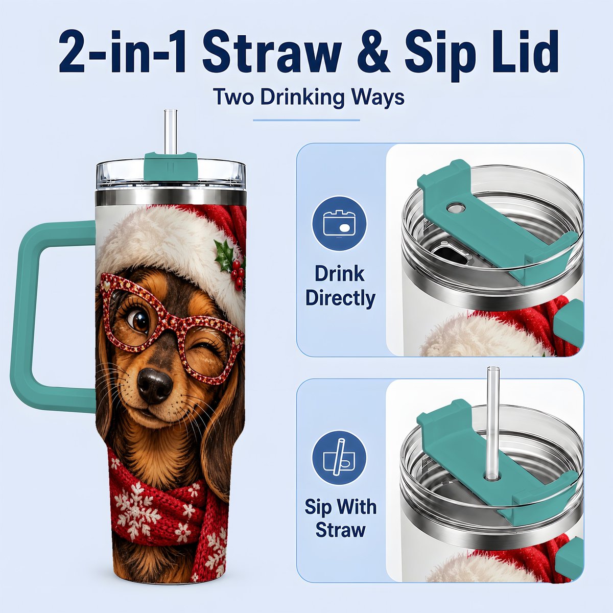 #pl[40oz|Green] Christmas Dachshund Tumbler 40oz, Winking Dog Portrait