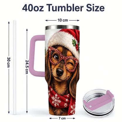 #pl[40oz|Pink] Christmas Dachshund Tumbler 40oz, Winking Dog Portrait