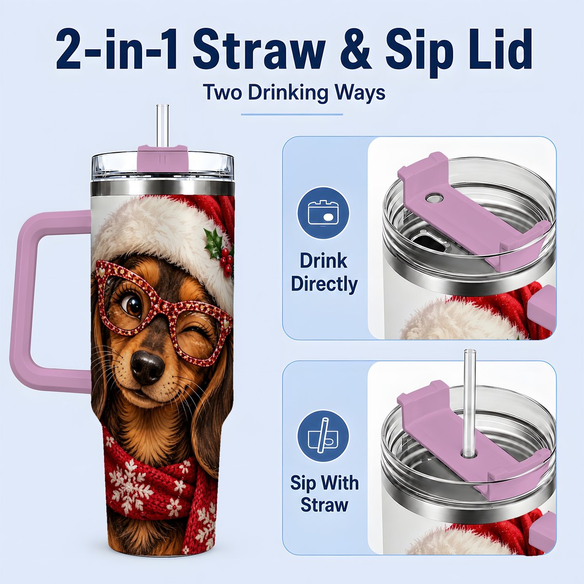 #pl[40oz|Pink] Christmas Dachshund Tumbler 40oz, Winking Dog Portrait