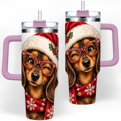 #pl[40oz|Pink] Christmas Dachshund Tumbler 40oz, Winking Dog Portrait