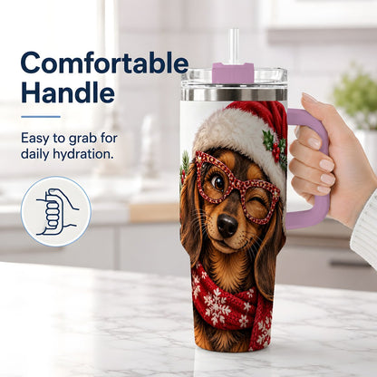 #pl[40oz|Pink] Christmas Dachshund Tumbler 40oz, Winking Dog Portrait