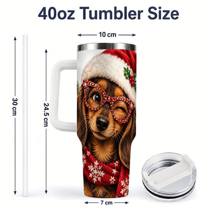 #pl[40oz|White] Christmas Dachshund Tumbler 40oz, Winking Dog Portrait