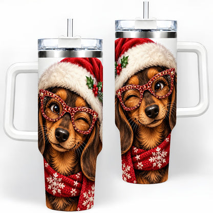 Christmas Dachshund Tumbler 40oz, Winking Dog Portrait