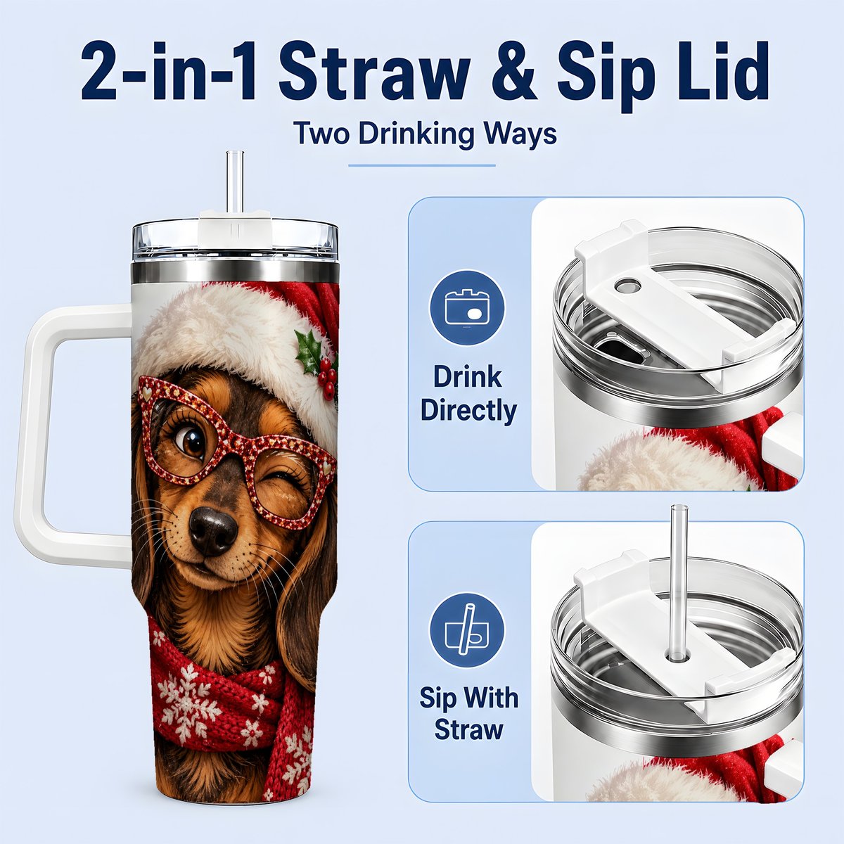 #pl[40oz|White] Christmas Dachshund Tumbler 40oz, Winking Dog Portrait