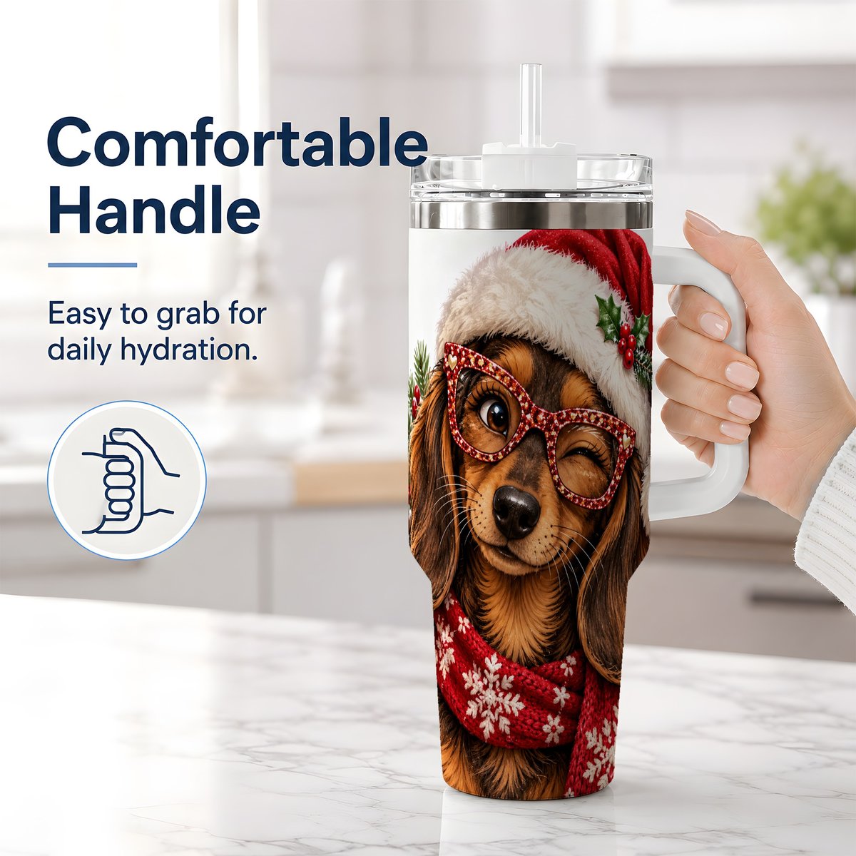 #pl[40oz|White] Christmas Dachshund Tumbler 40oz, Winking Dog Portrait