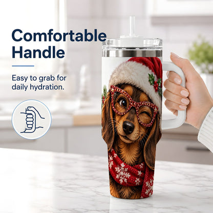 #pl[40oz|White] Christmas Dachshund Tumbler 40oz, Winking Dog Portrait