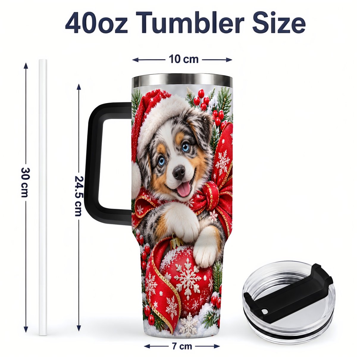 #pl[40oz|Black] Christmas Australian Shepherd Tumbler 40oz, Festive Puppy