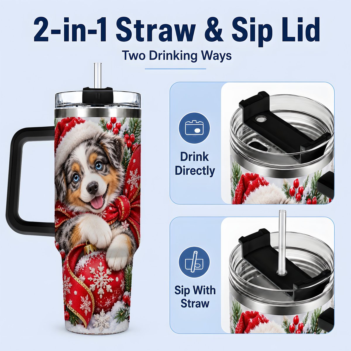 #pl[40oz|Black] Christmas Australian Shepherd Tumbler 40oz, Festive Puppy
