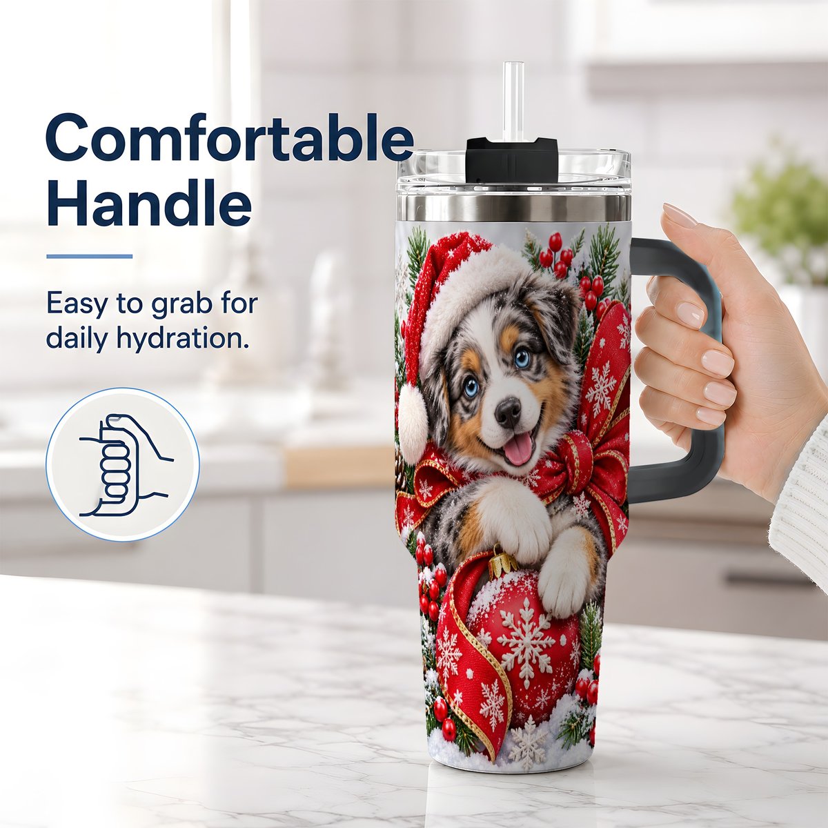 #pl[40oz|Black] Christmas Australian Shepherd Tumbler 40oz, Festive Puppy