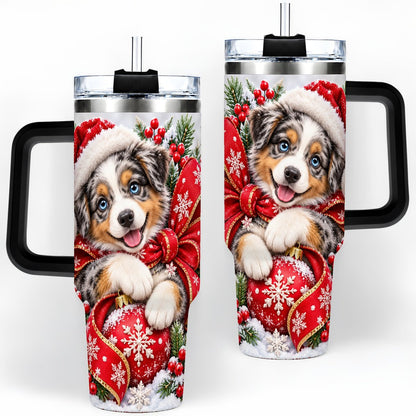 #pl[40oz|Black] Christmas Australian Shepherd Tumbler 40oz, Festive Puppy