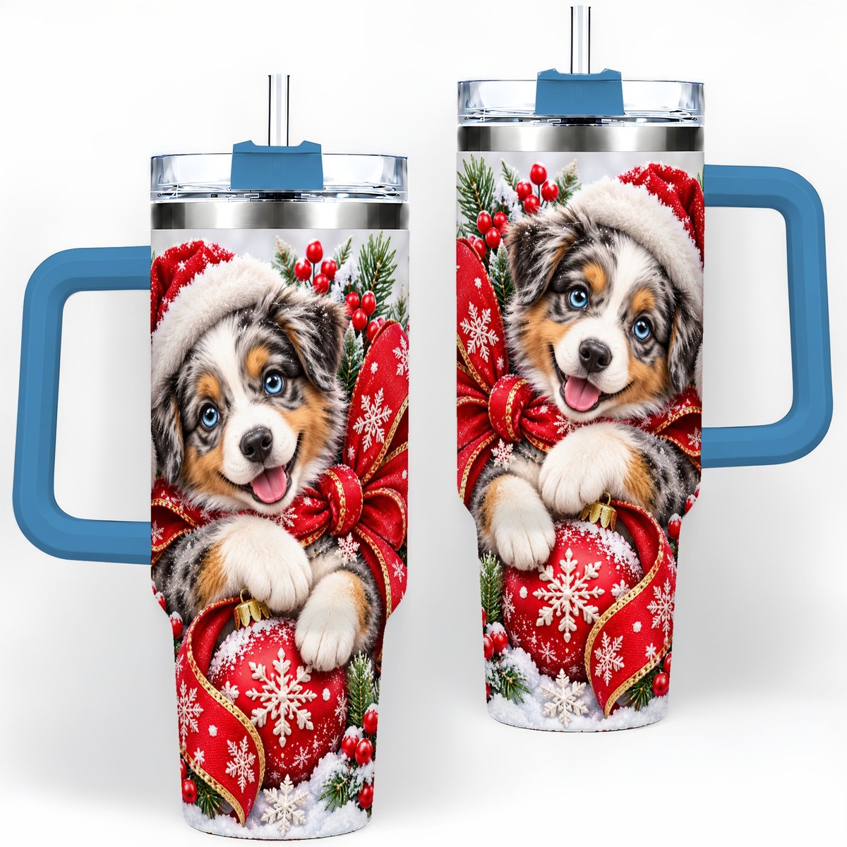 #pl[40oz|Blue] Christmas Australian Shepherd Tumbler 40oz, Festive Puppy