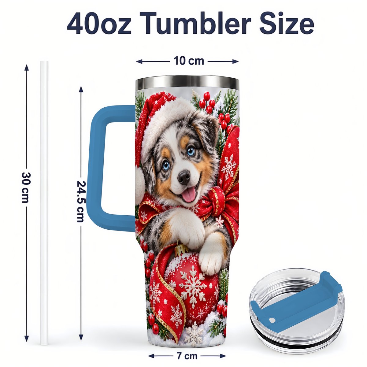 #pl[40oz|Blue] Christmas Australian Shepherd Tumbler 40oz, Festive Puppy