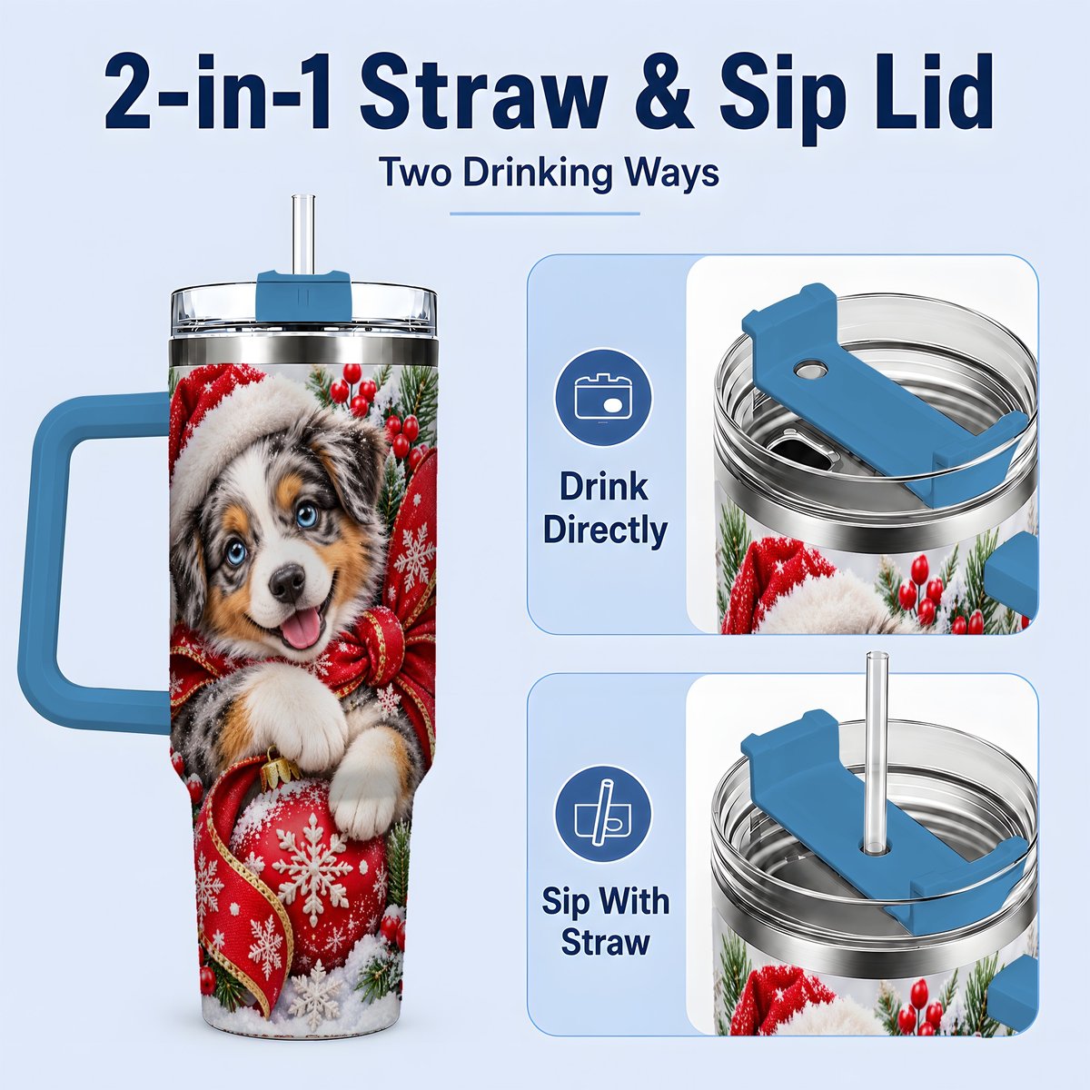 #pl[40oz|Blue] Christmas Australian Shepherd Tumbler 40oz, Festive Puppy