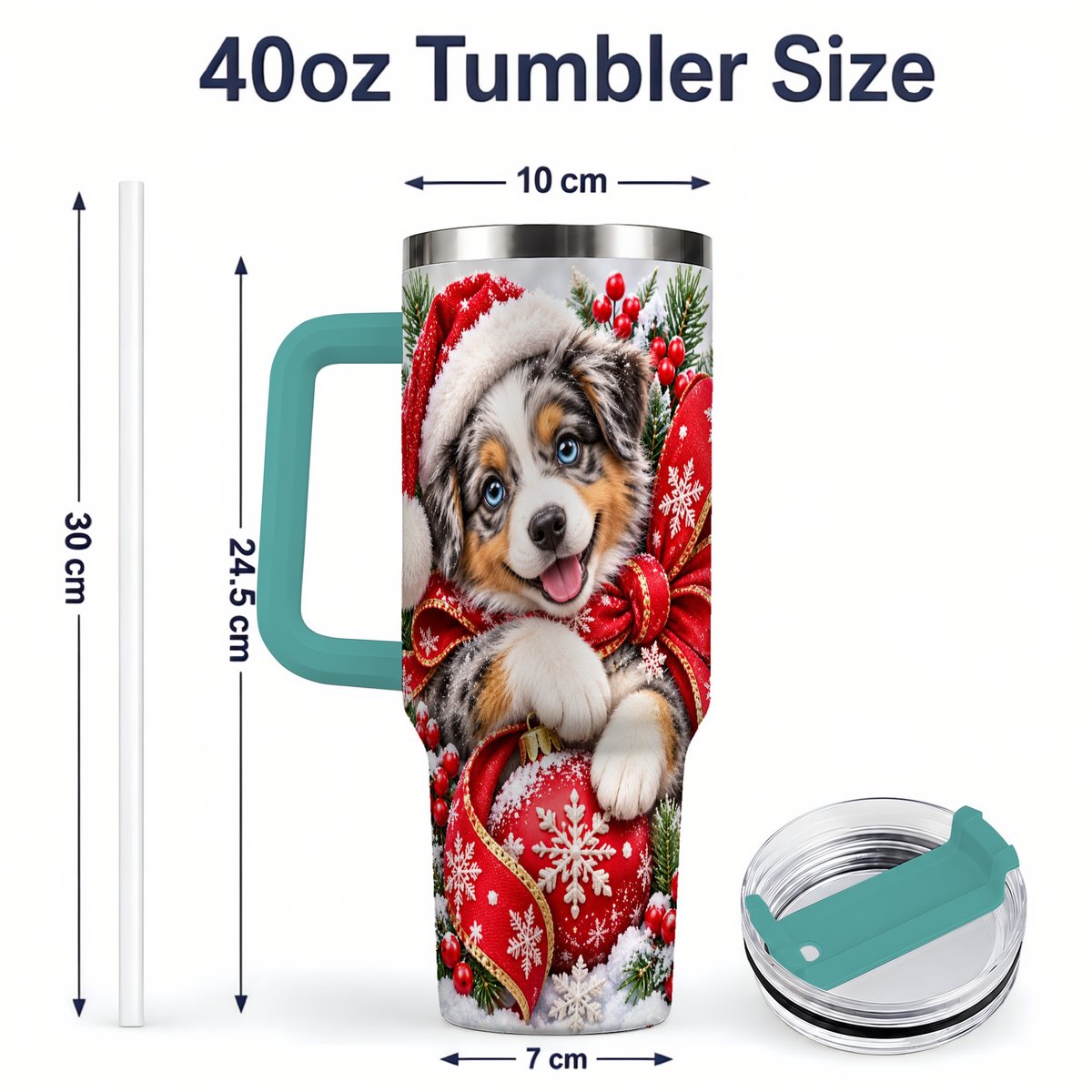 #pl[40oz|Green] Christmas Australian Shepherd Tumbler 40oz, Festive Puppy