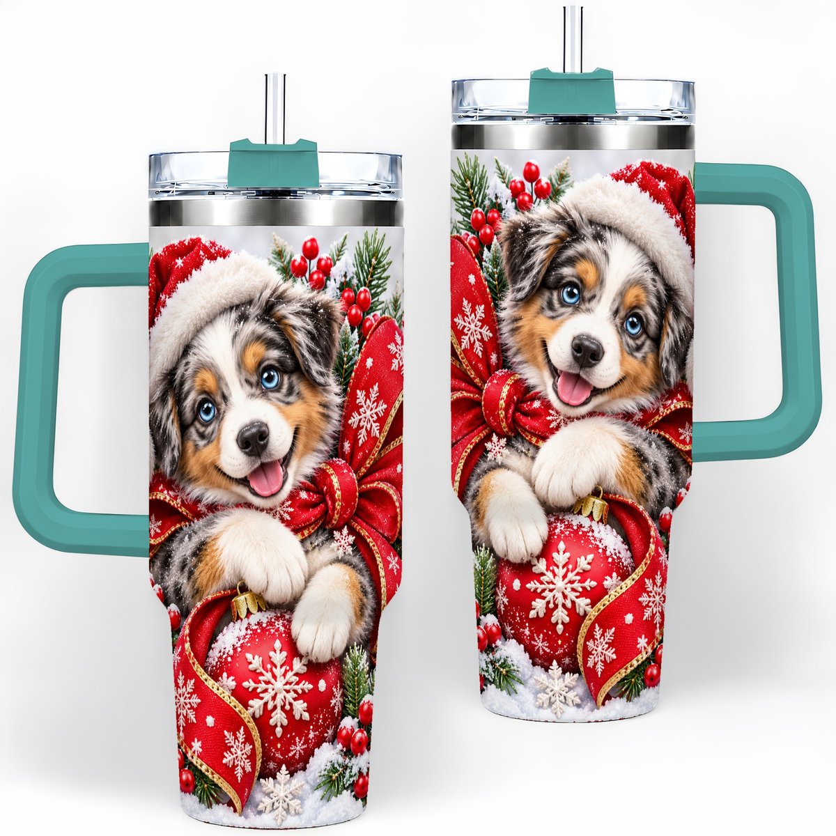#pl[40oz|Green] Christmas Australian Shepherd Tumbler 40oz, Festive Puppy