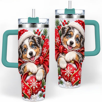 #pl[40oz|Green] Christmas Australian Shepherd Tumbler 40oz, Festive Puppy