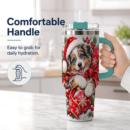 #pl[40oz|Green] Christmas Australian Shepherd Tumbler 40oz, Festive Puppy