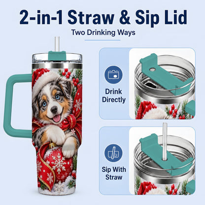 #pl[40oz|Green] Christmas Australian Shepherd Tumbler 40oz, Festive Puppy
