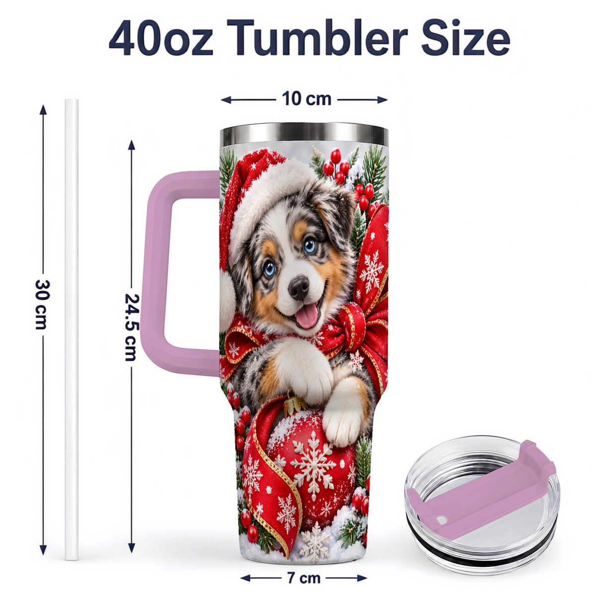 #pl[40oz|Pink] Christmas Australian Shepherd Tumbler 40oz, Festive Puppy