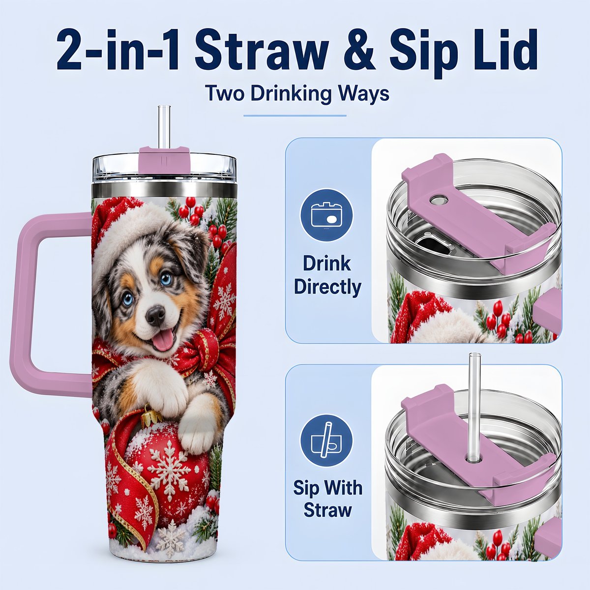 #pl[40oz|Pink] Christmas Australian Shepherd Tumbler 40oz, Festive Puppy