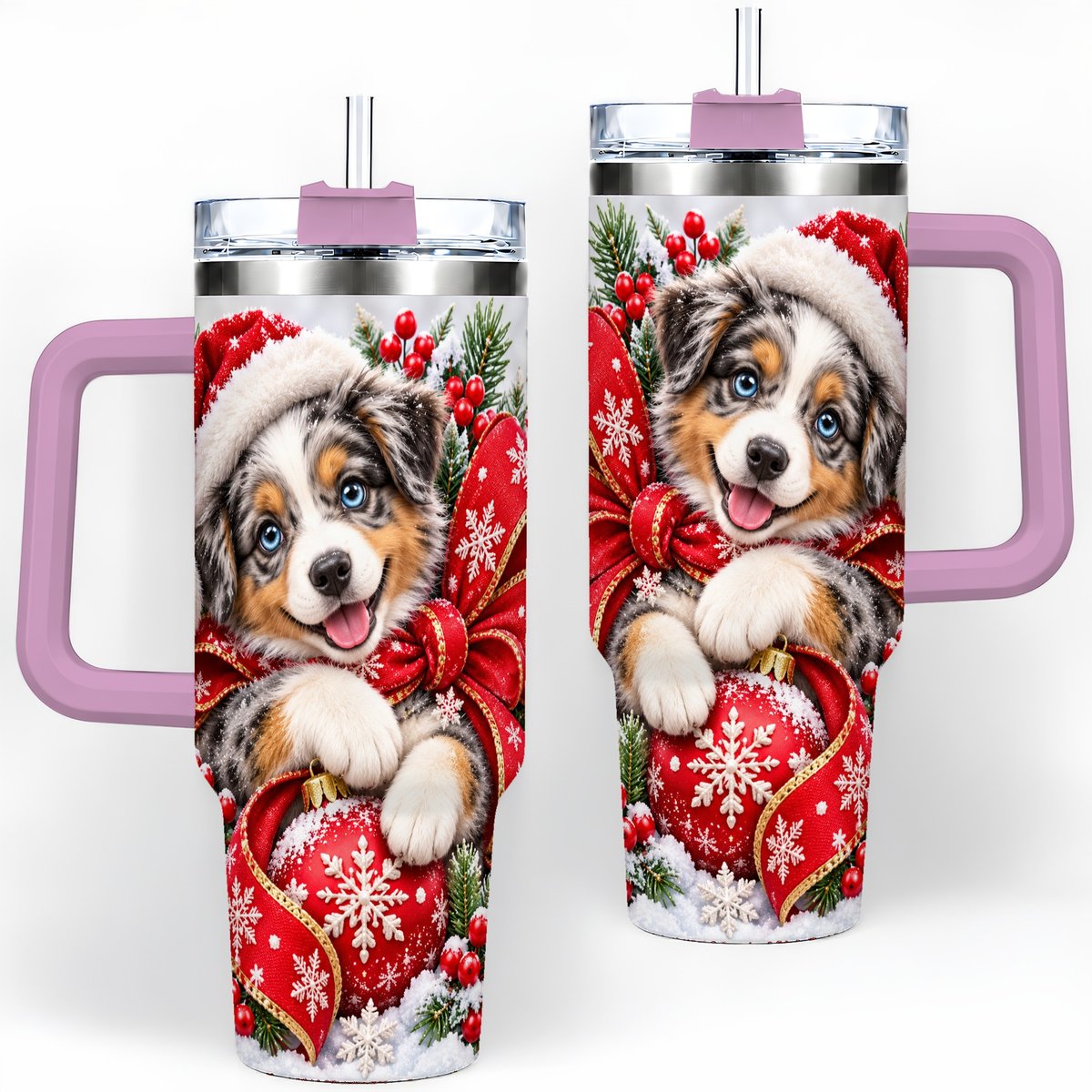#pl[40oz|Pink] Christmas Australian Shepherd Tumbler 40oz, Festive Puppy
