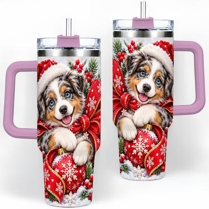 #pl[40oz|Pink] Christmas Australian Shepherd Tumbler 40oz, Festive Puppy