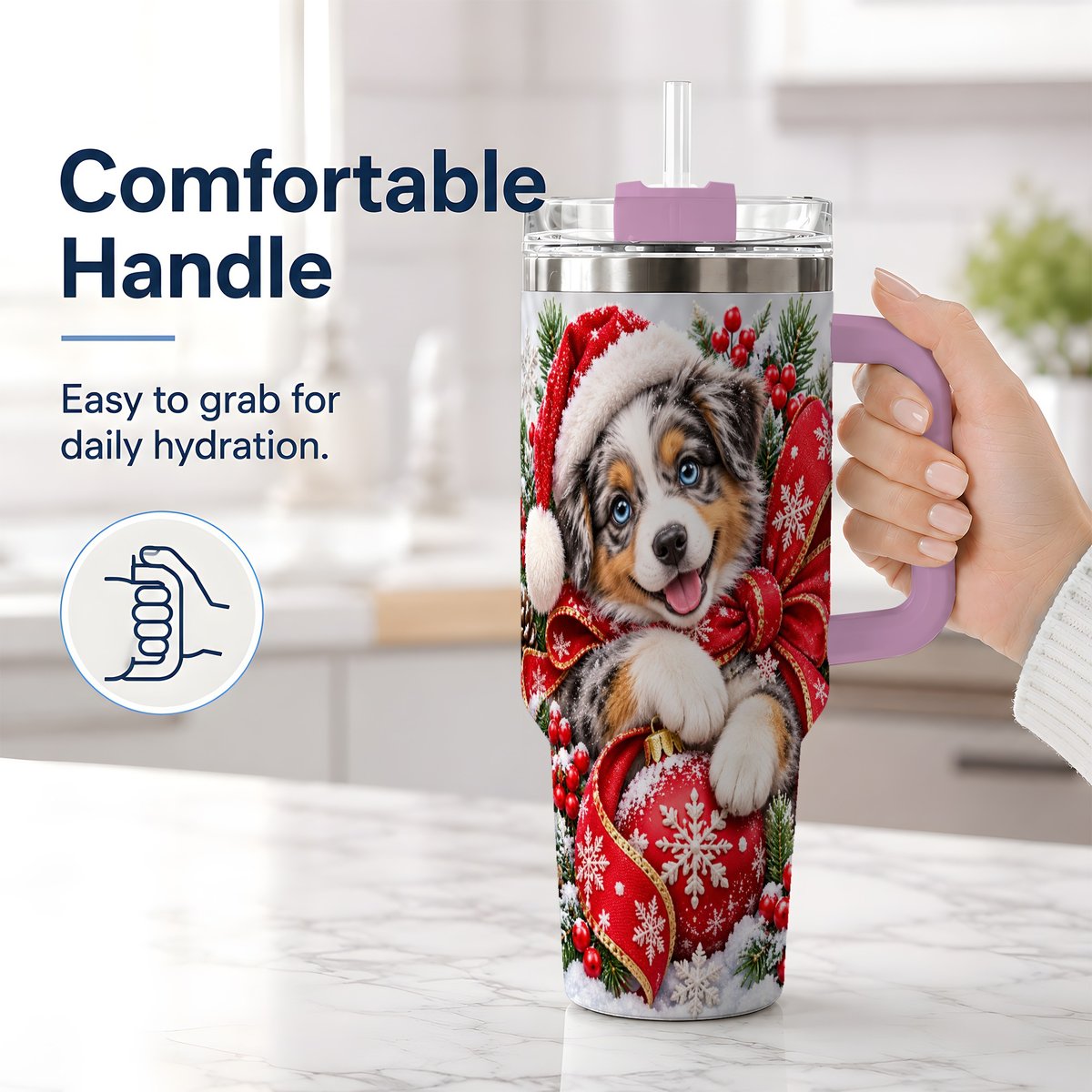 #pl[40oz|Pink] Christmas Australian Shepherd Tumbler 40oz, Festive Puppy