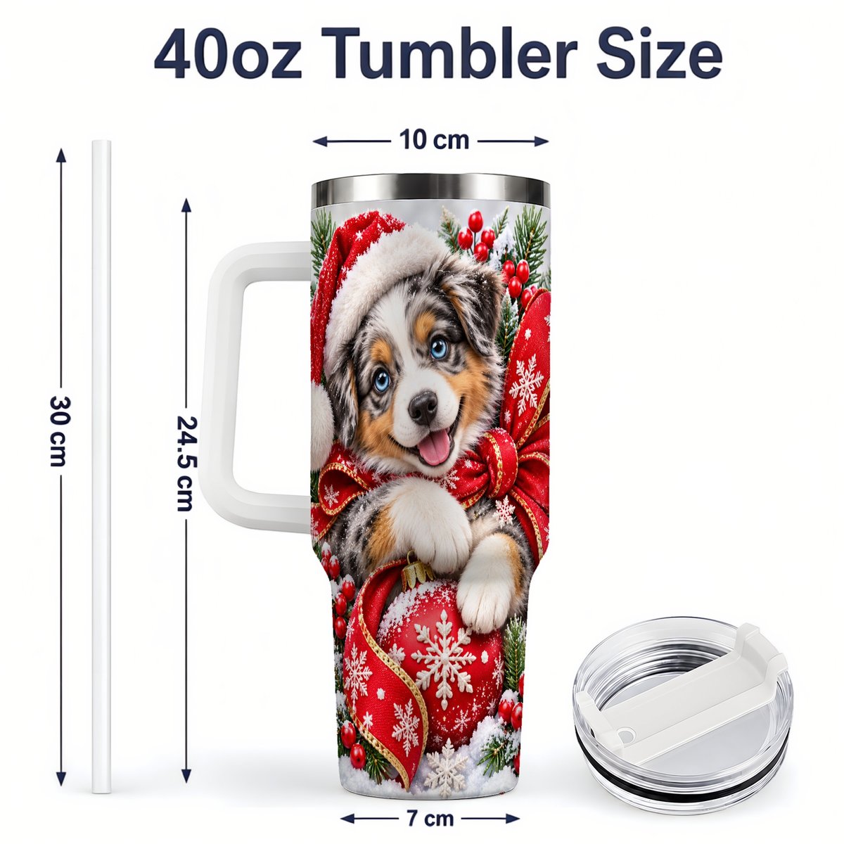 #pl[40oz|White] Christmas Australian Shepherd Tumbler 40oz, Festive Puppy