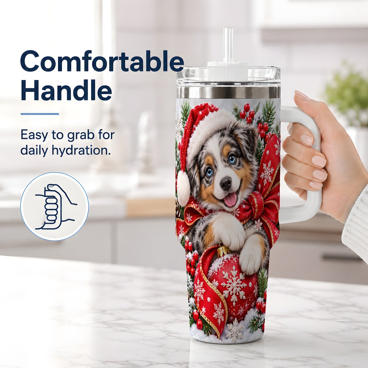 #pl[40oz|White] Christmas Australian Shepherd Tumbler 40oz, Festive Puppy