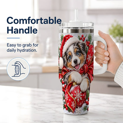 #pl[40oz|White] Christmas Australian Shepherd Tumbler 40oz, Festive Puppy