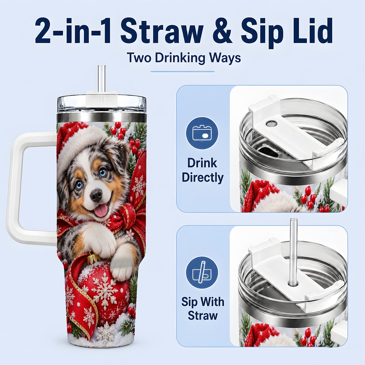 #pl[40oz|White] Christmas Australian Shepherd Tumbler 40oz, Festive Puppy