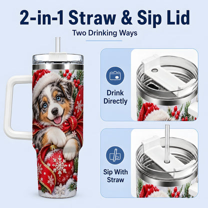 #pl[40oz|White] Christmas Australian Shepherd Tumbler 40oz, Festive Puppy