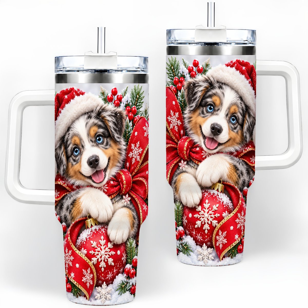 Christmas Australian Shepherd Tumbler 40oz, Festive Puppy