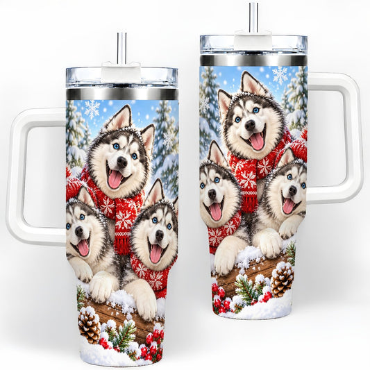 Winter Husky Trio Tumbler 40oz, Red Scarf Dog Portrait