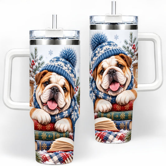 Winter Bulldog Tumbler 40oz, Cozy Reading Artwork