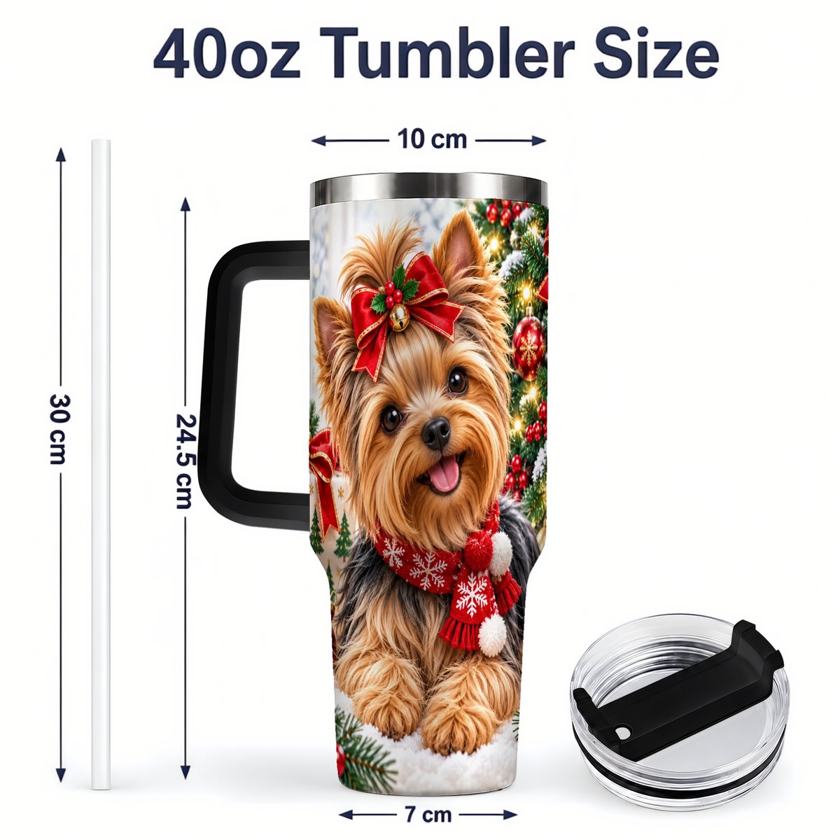 #pl[40oz|Black] Christmas Yorkie Tumbler 40oz, Red Bow Artwork