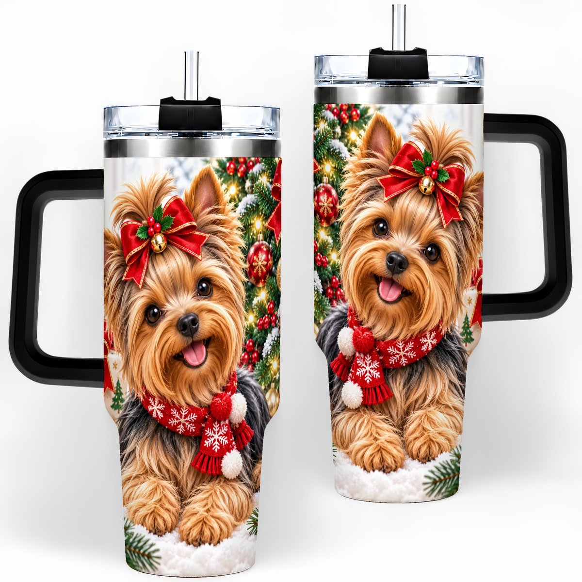 #pl[40oz|Black] Christmas Yorkie Tumbler 40oz, Red Bow Artwork