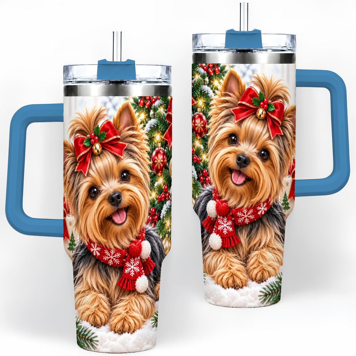 #pl[40oz|Blue] Christmas Yorkie Tumbler 40oz, Red Bow Artwork