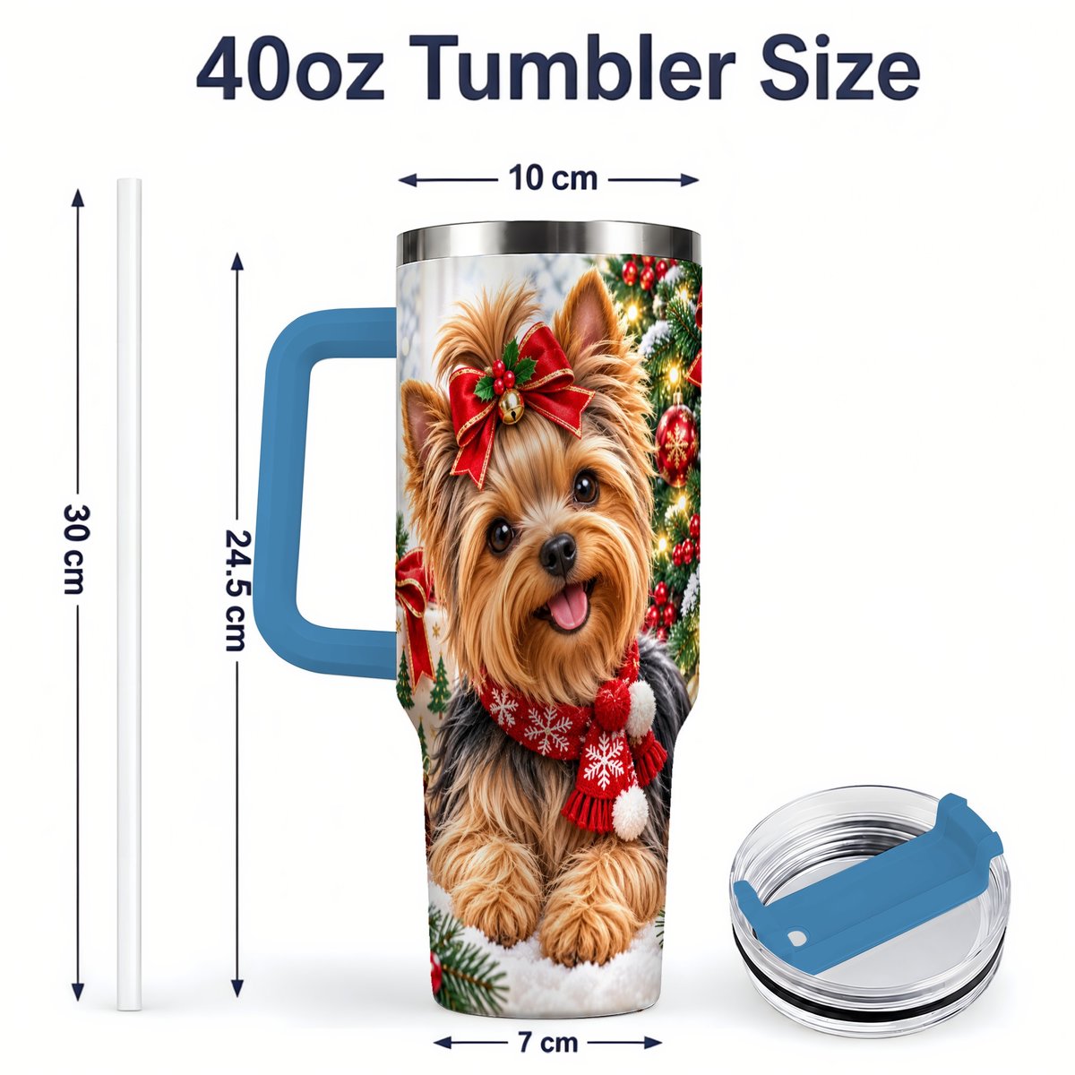 #pl[40oz|Blue] Christmas Yorkie Tumbler 40oz, Red Bow Artwork